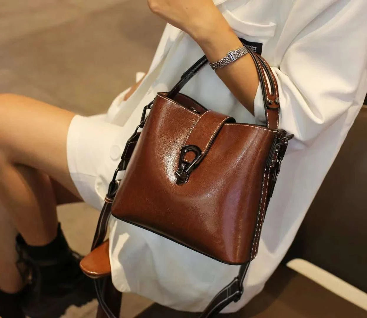 Oil Wax Cowhide Leather Bucket Crossbody Bag - Celina Studio