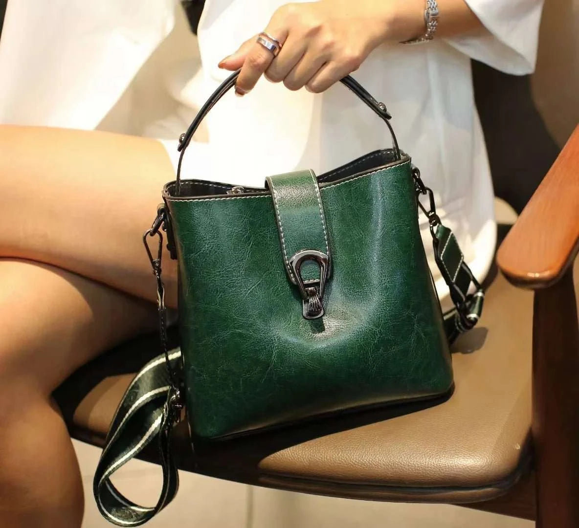 Oil Wax Cowhide Leather Bucket Crossbody Bag - Celina Studio