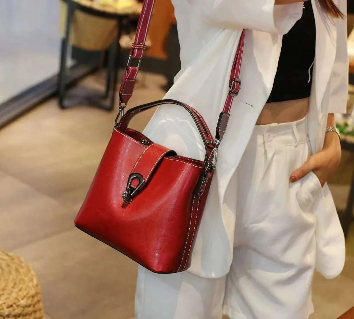 Oil Wax Cowhide Leather Bucket Crossbody Bag - Celina Studio