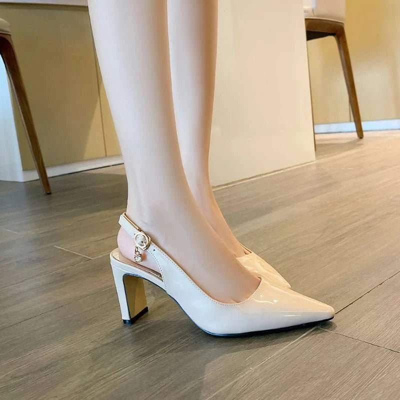 Patent Leather Buckle Strap Mid-Heel Pumps - Celina Studio