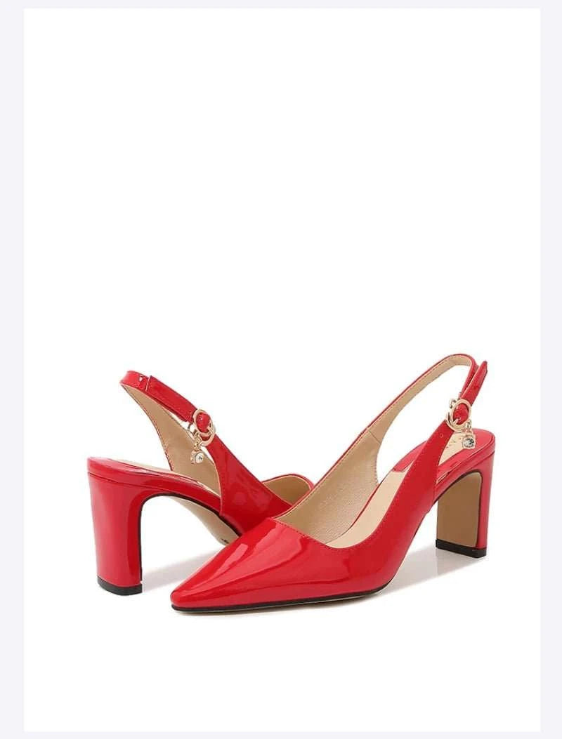 Patent Leather Buckle Strap Mid-Heel Pumps - Celina Studio