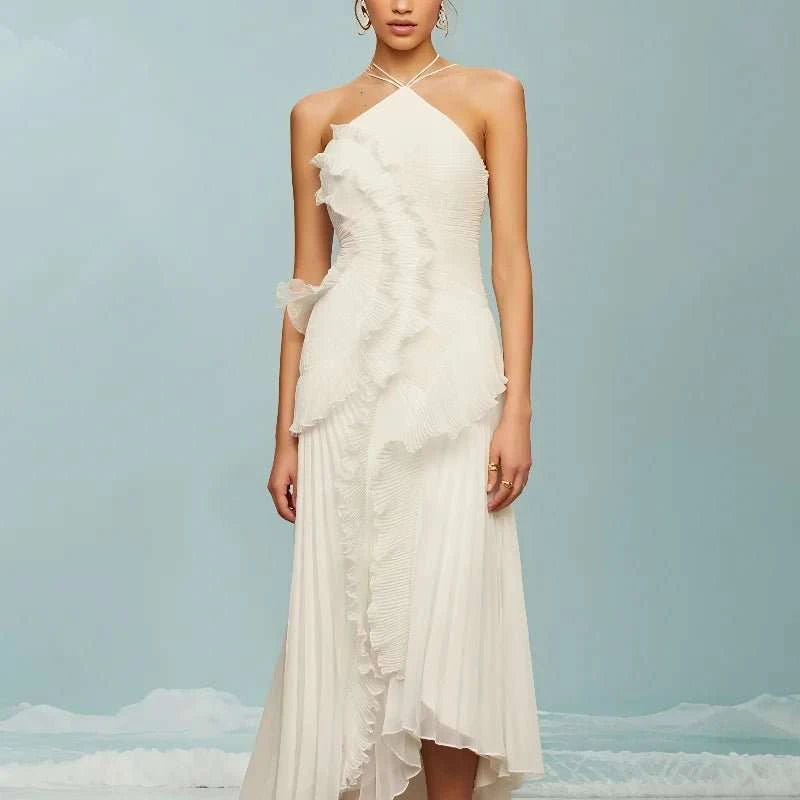 Pleated Halter Neck Lotus Edge Maxi Dress - Celina Studio