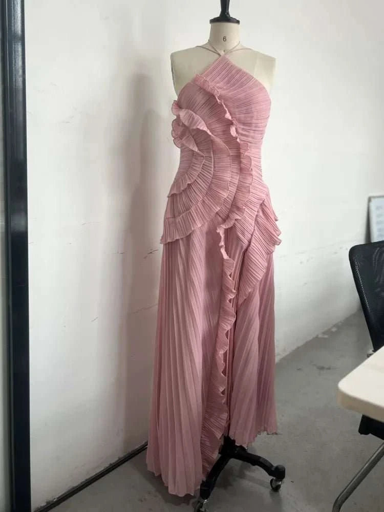 Pleated Halter Neck Lotus Edge Maxi Dress - Celina Studio
