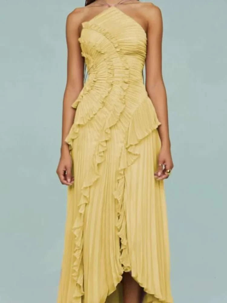 Pleated Halter Neck Lotus Edge Maxi Dress - Celina Studio