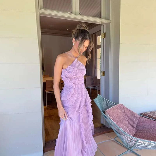 Pleated Halter Neck Lotus Edge Maxi Dress - Celina Studio