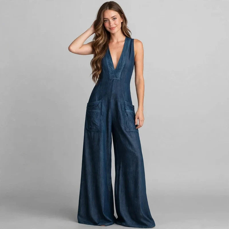 V-neck wide-leg jumpsuit on model, styled studio pose