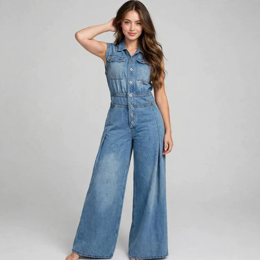 Denim button-front jumpsuit on model, styled studio pose