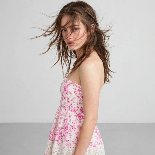 Woman in a pink floral strapless mini dress with a smocked bodice and ruffled hem, three-quarter view, gray background.