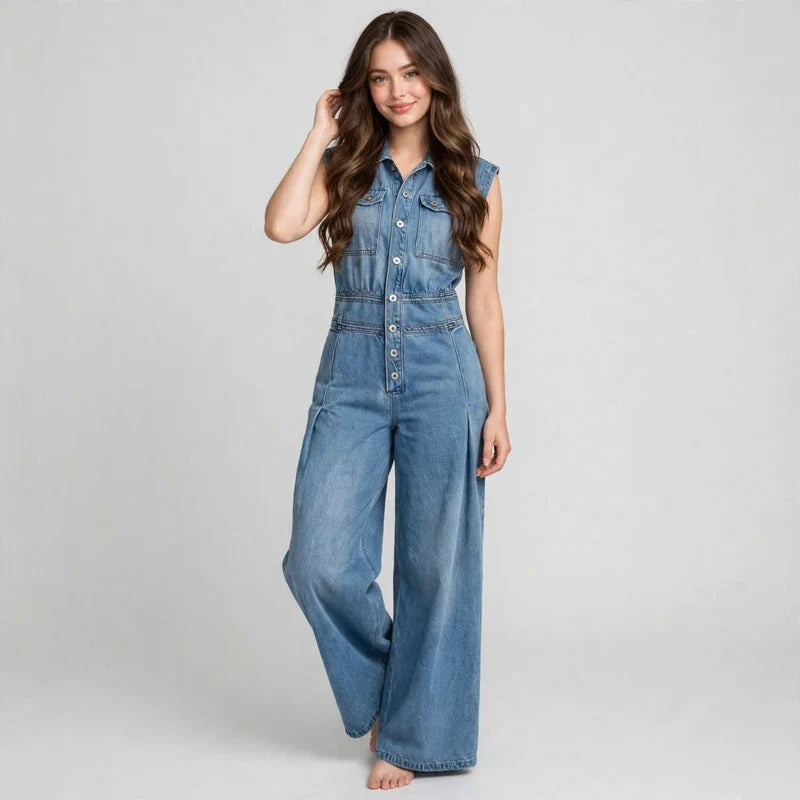 Denim button-front jumpsuit on model, styled studio pose