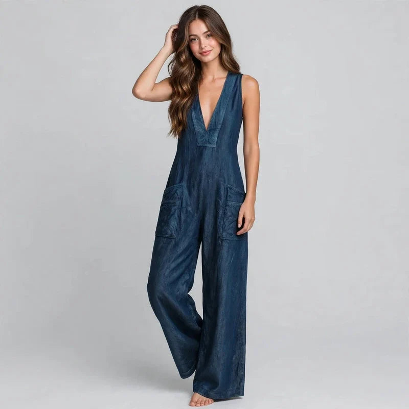 V-neck wide-leg jumpsuit on model, styled studio pose