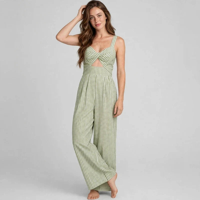 Light Green Striped cutout jumpsuit on model, styled studio pose