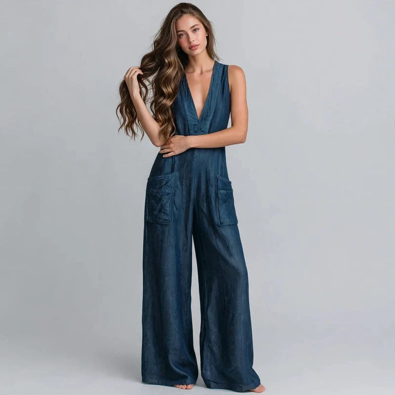V-neck wide-leg jumpsuit on model, styled studio pose