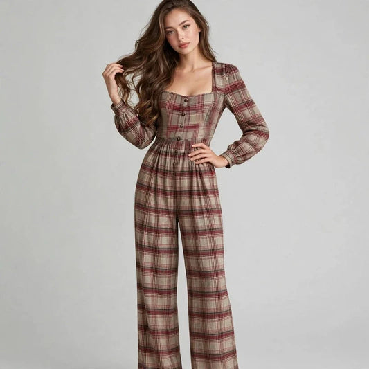 Red Plaid square-neck jumpsuit on model, styled studio pose