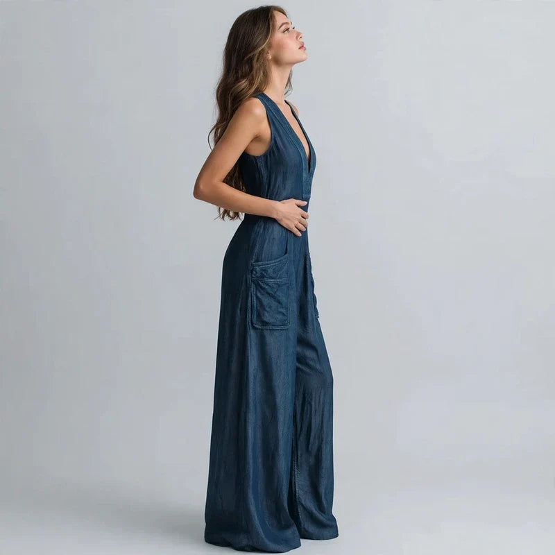 V-neck wide-leg jumpsuit on model, close-up detail