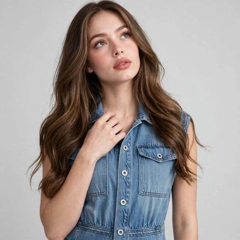 Denim button-front jumpsuit on model, styled studio pose