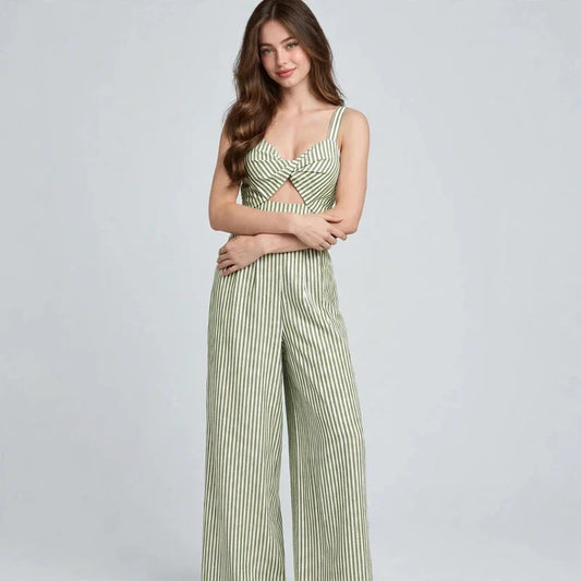 Light Green Striped cutout jumpsuit on model, styled studio pose