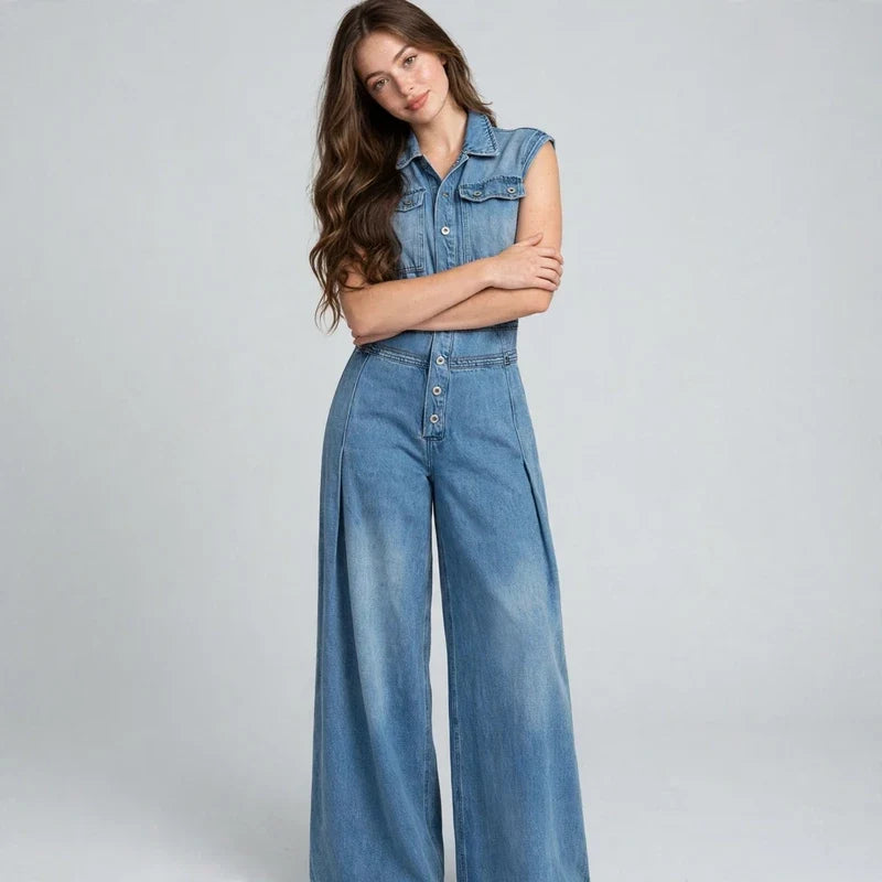 Denim button-front jumpsuit on model, close-up detail