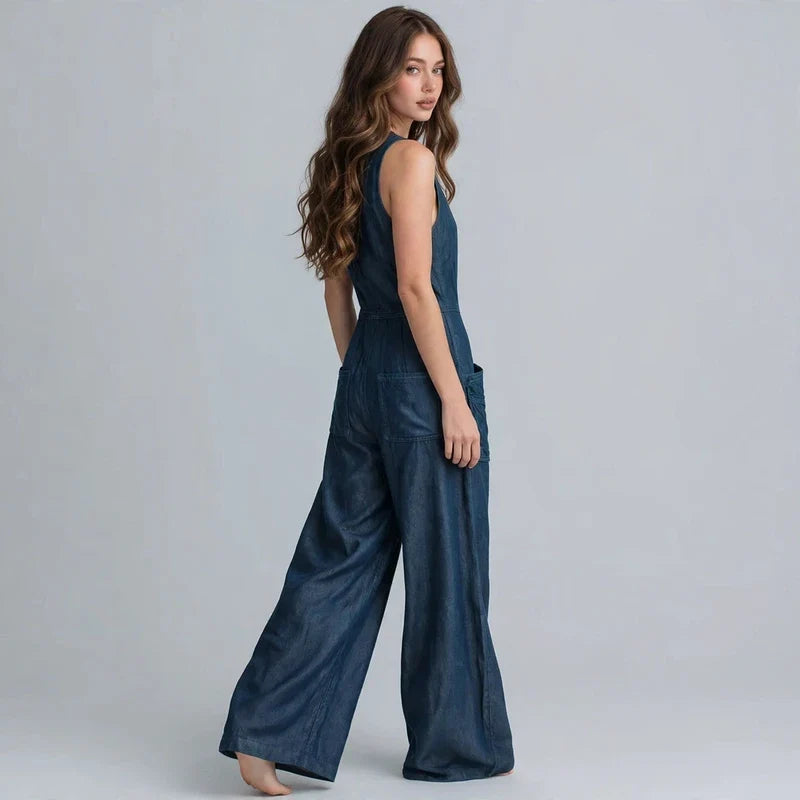V-neck wide-leg jumpsuit on model, styled studio pose