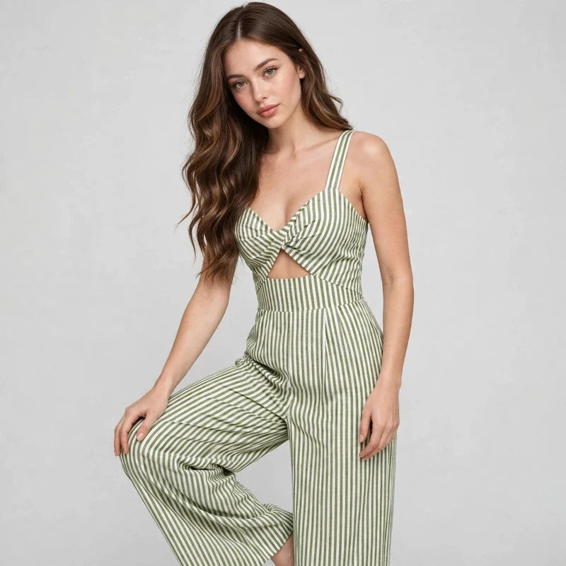 Light Green Striped cutout jumpsuit on model, close-up detail
