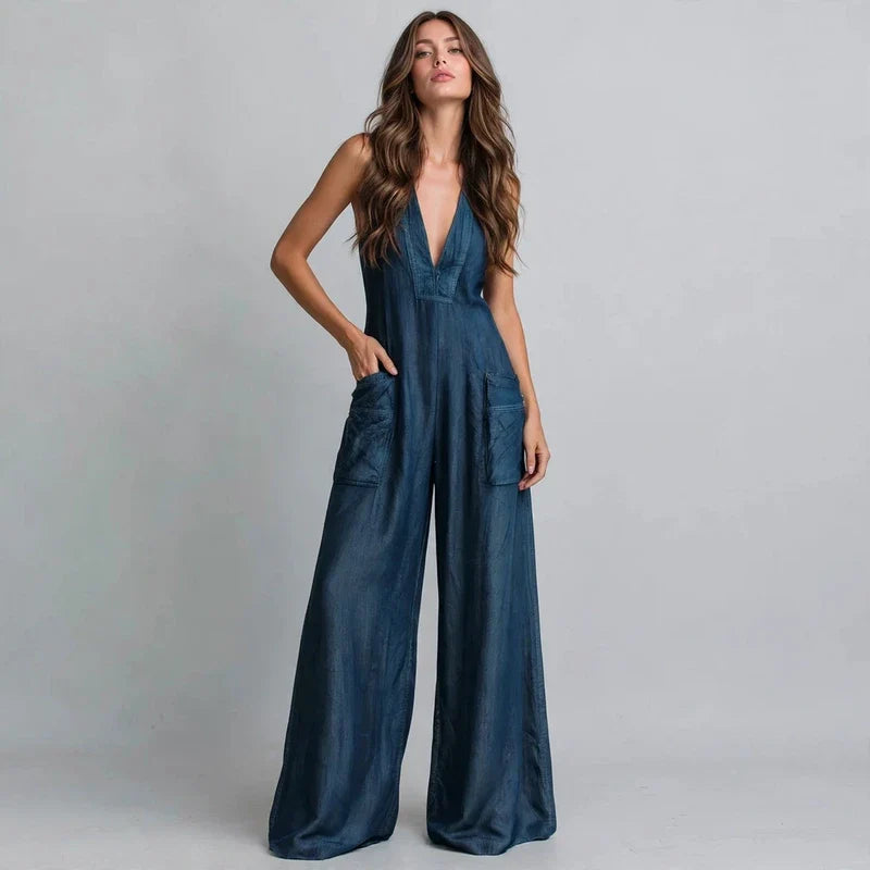 V-neck wide-leg jumpsuit on model, styled studio pose