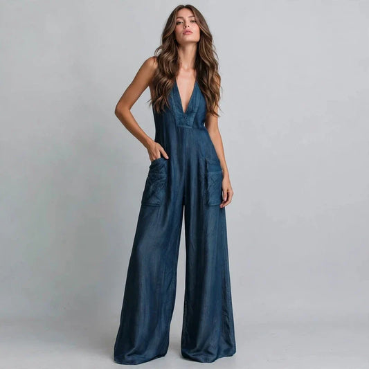 V-neck wide-leg jumpsuit on model, styled studio pose