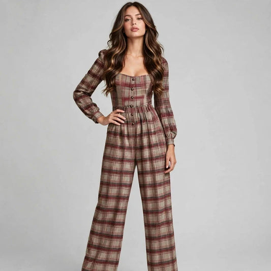 Red Plaid square-neck jumpsuit on model, styled studio pose