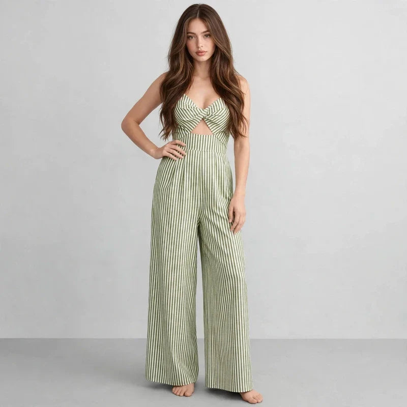 Light Green Striped cutout jumpsuit on model, styled studio pose