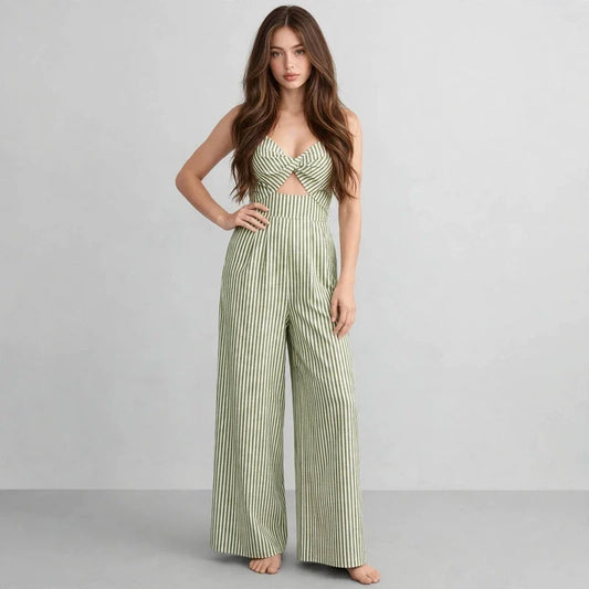 Light Green Striped cutout jumpsuit on model, styled studio pose
