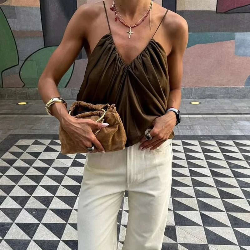 Satin Pleated V-Neck Sleeveless Top - Celina Studio