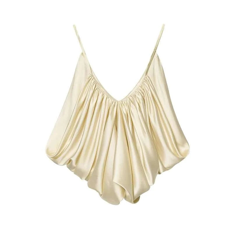 Satin Pleated V-Neck Sleeveless Top - Celina Studio