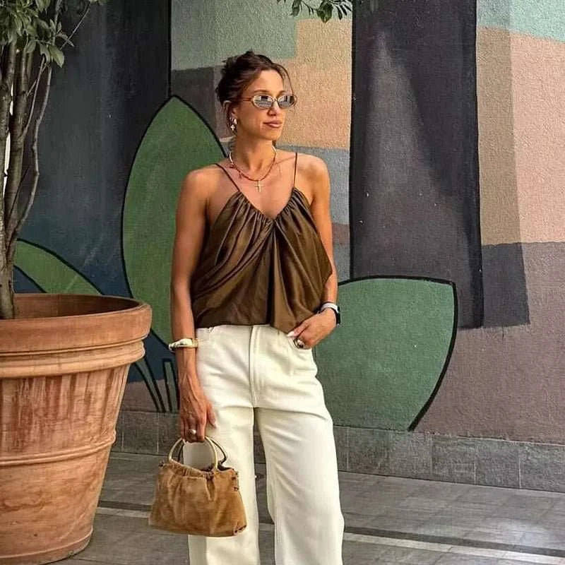 Satin Pleated V-Neck Sleeveless Top - Celina Studio