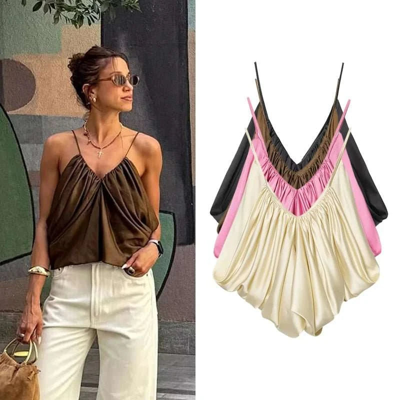 Satin Pleated V-Neck Sleeveless Top - Celina Studio