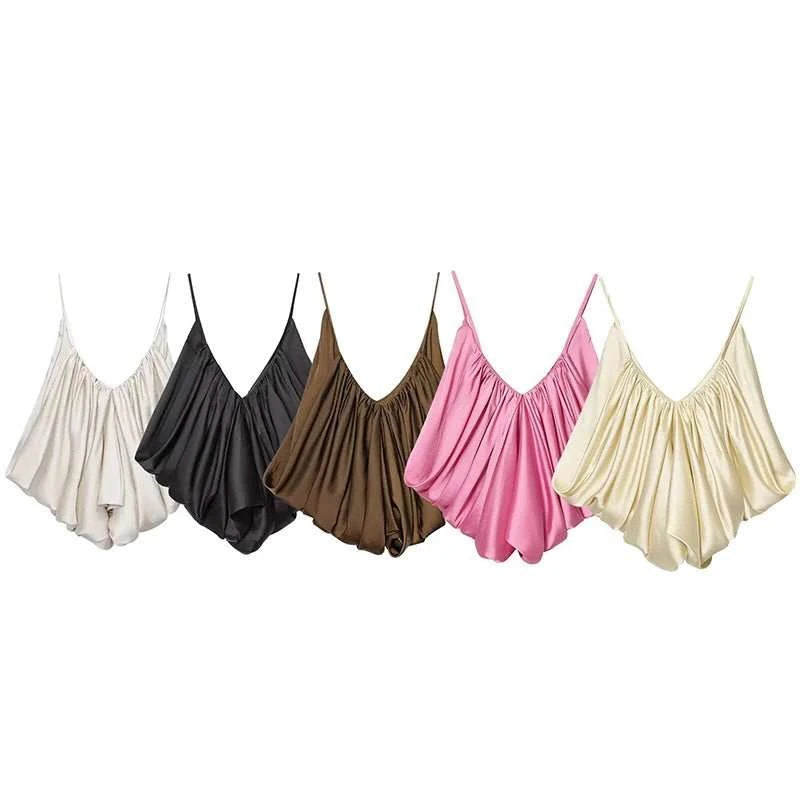 Satin Pleated V-Neck Sleeveless Top - Celina Studio